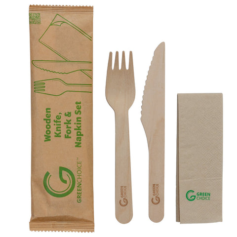 GREEN CHOICE Wooden Cutlery Set - Knife Fork & Napkin - 500pcs